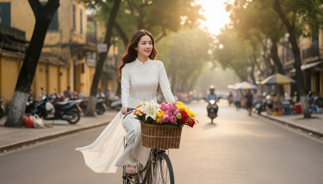 Vietnamese girl in white áo dài riding bicycle with flowers in basket, Hanoi street photography - Powered by Adobe