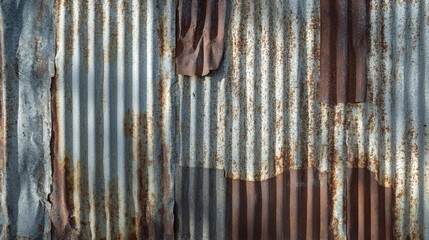 Damaged corrugated metal roofing displaying rust and wear