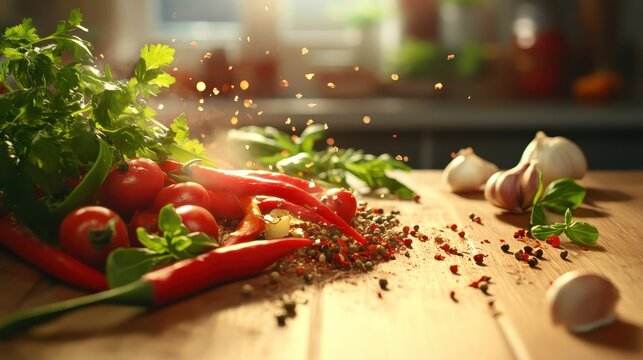 Close up of assorted fresh spices on a wooden kitchen table - Powered by Adobe