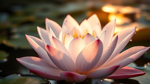 patera. Water lily petals unfolding at dawn with morning dew on serene pond. gardening catalogs, home-decor guides, designed for gardening and botanical catalogs, used by ngo communicators.