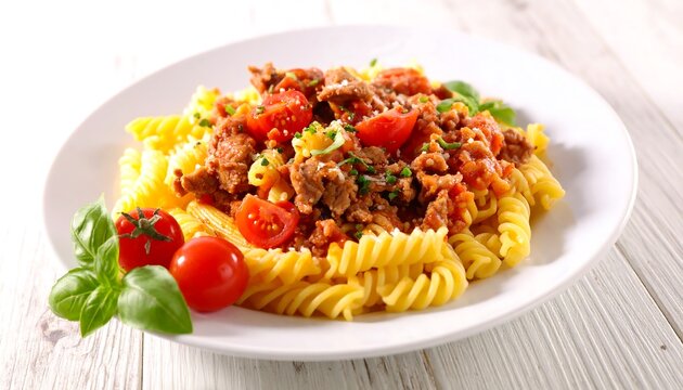 A plate of fusilli pasta is topped with a rich tomato sauce with ground meat, garnished with fresh basil and cherry tomatoes - Powered by Adobe