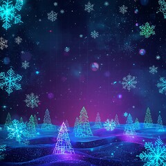 Futuristic Neon Christmas Landscape with Glowing Snowflakes