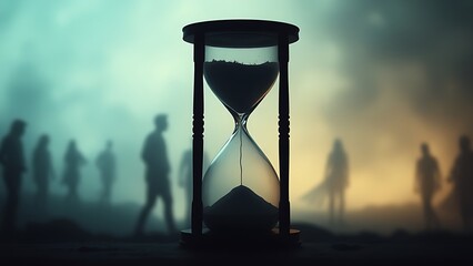 evanescence. An hourglass with liquid time dripping away, surrounded by faint ghostly silhouettes, symbolizing fleeting moments of life. wellbeing guides.