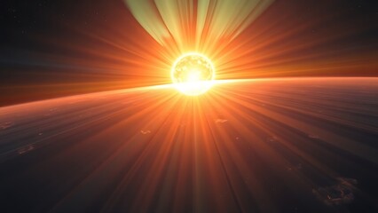 thermosphere. A painterly solar corona explosion with rippling aurora energy cascading toward a small blue planet. STEM education sheets.