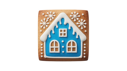 Delightful gingerbread house cookie decorated with blue icing and snowflakes, a sweet treat for winter holidays, perfect for festive baking projects