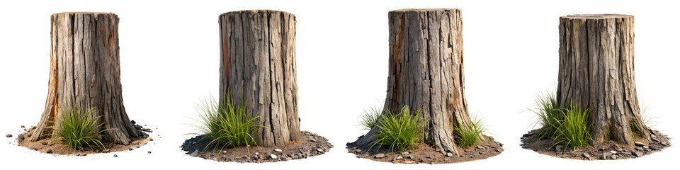 Tree stumps isolated on transparent background, surrounded by green plants