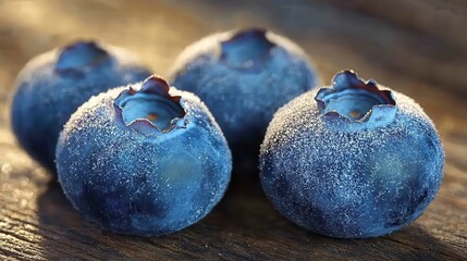 Close up of plump organic blueberries with frosty surface