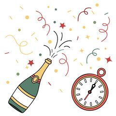 Champagne bottle popping with confetti and clock