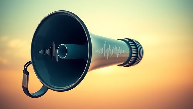 amplify. A vintage megaphone floats against a gradient sky, with abstract sound waves radiating from it. event programs, museum guides, designed for cultural heritage projects and event programs.