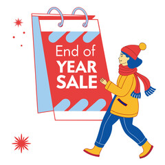 End of year sale promotion with person and calendar isolated on white