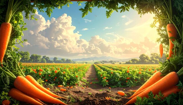 A vibrant carrot field, framed by greenery & oversized carrots, under a sunlit sky with fluffy clouds and distant mountains