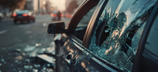 A close-up of a shattered car window with debris on the street, capturing the aftermath of an accident.