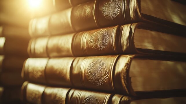 Close up view of stacked vintage leather bound books - Powered by Adobe