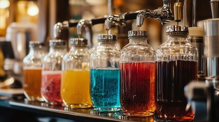 Vintage soda fountain syrup dispensers with colorful syrups on a bar counter in a cafe