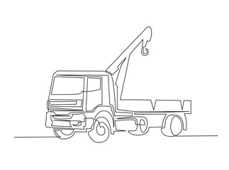 Towed car service in single outline illustration. Continuous line art drawing of evacuation car tow truck.