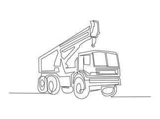 Towed car service in single outline illustration. Continuous line art drawing of evacuation car tow truck.