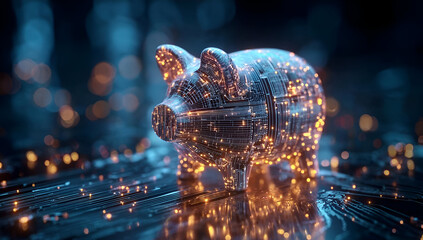 A futuristic piggy bank made of shimmering lights, symbolizing savings and financial growth in a digital age.