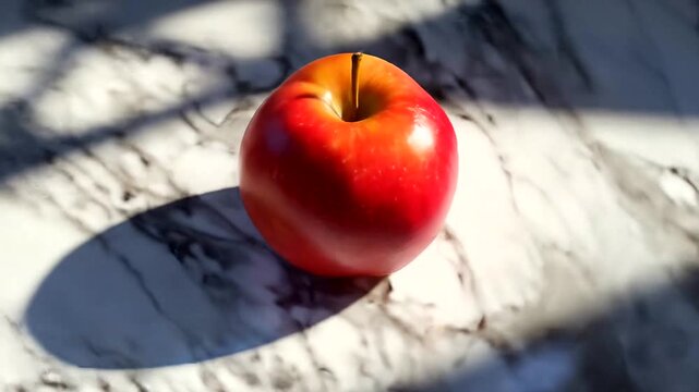 A single red apple casting a shadow on a marble surface.
