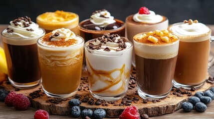 Delicious beverages in decorative glass cups with tempting toppings