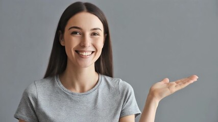 Confident excited young woman pointing finger at empty space gesture - Powered by Adobe