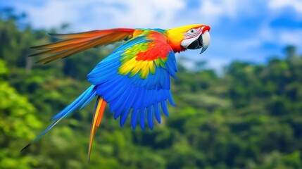 Colorful Macaw in Flight Against Green Forest and Blue Sky