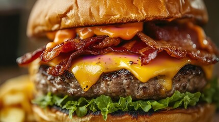 Close up of a delicious cheeseburger with bacon, lettuce, tomato, and onion on a sesame seed bun
