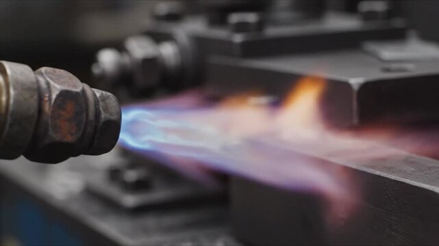 Flame jet heating metal surface in industrial workshop