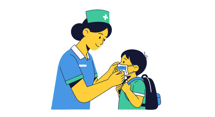 Nurse Demonstrates Proper Mask Wearing Technique To A Young Student Before Schooling