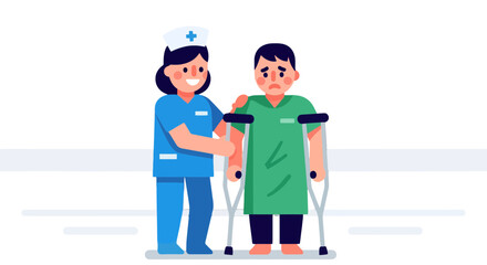 Nurse Supporting Patient With Crutches In A Hospital Setting Minimal Illustration