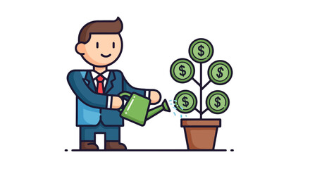 Nurturing Financial Growth Illustration: A Businessman Watering a Money Plant Symbolizing