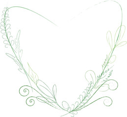 Delicate sketchy botanical heart wreath featuring hand-drawn leaves and ferns in a soft green shades, creating a simple organic frame perfect for rustic wedding or natural logo design.