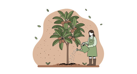 Nurturing Growth: A Gardener Watering Young Fruit Tree in a Minimalist Vector Illustration