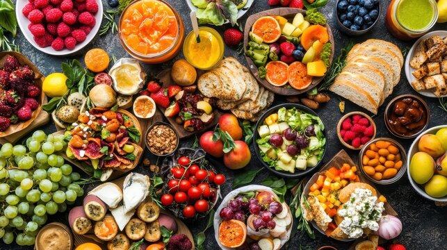 Delicious food spread with fruits and vegetables on wooden table
