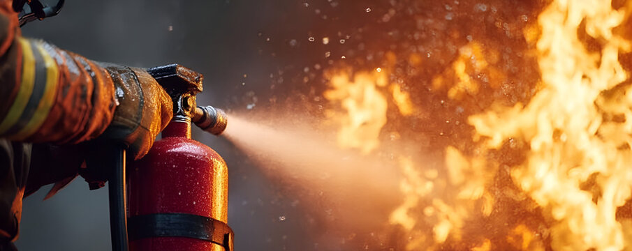 A firefighter uses a fire extinguisher to combat flames, showcasing bravery and quick response in emergencies.