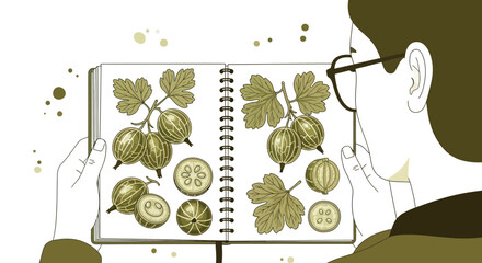 Observant Figure Examining A Detailed Botanical Illustration In A Sketchbook