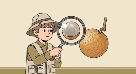 Observer Inspects Exotic Fruit Through Magnifying Glass: A Culinary Discovery