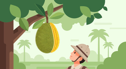 Observing Exotic Fruit: An Adventurer Gazes Upon a Ripe Jackfruit