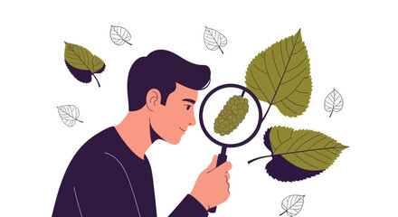 Observing Nature: A Man Inspecting Leaves Through a Magnifying Glass