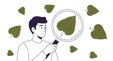 Observing Nature: A Man Examines a Leaf Through a Magnifying Glass