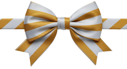 Elegant gold and white striped bow tie isolated on transparent background, perfect for gift wrapping, decoration, or adding a touch of luxury to any project