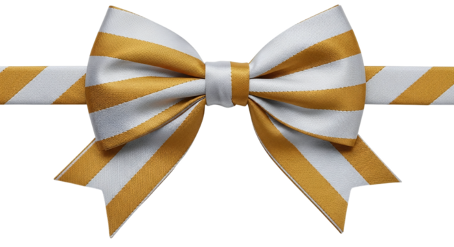 Elegant gold and white striped bow tie isolated on transparent background, perfect for gift wrapping, decoration, or adding a touch of luxury to any project