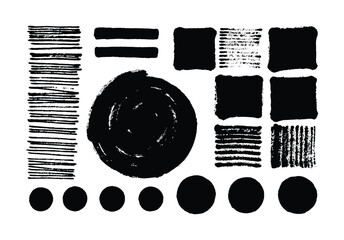 Collection of black ink brush strokes and shapes on white background vector