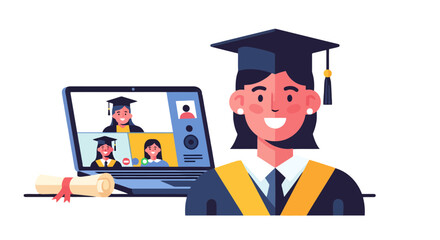 Online Graduation Celebration Illustrative Design Featuring a Young Woman and a Laptop