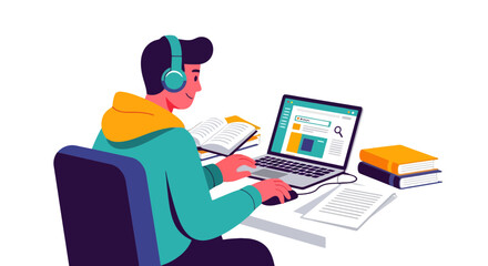 Online Learning and Research: A Student Immersed in Digital Study Surrounded By Books