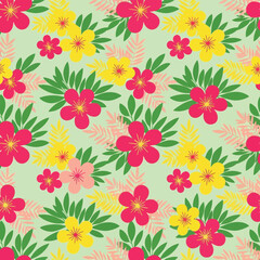 Seamless floral pattern with vibrant pink and yellow hibiscus flowers and green leaves on a light green background, perfect for textiles and wallpapers