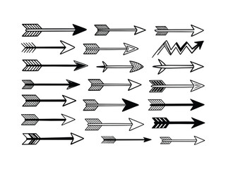 Collection of hand drawn black and white arrows with various feather designs and solid points