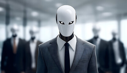 A humanoid robot in a suit stands confidently in a futuristic office environment surrounded by humanoid figures.