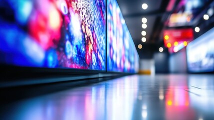 Digital display screens showcasing colorful advertising in store