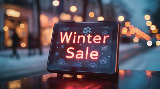 Digital display showcasing vibrant winter sale advertisement with snowflakes, illuminated text, and blurred festive lights in the background, creating a warm holiday shopping atmosphere