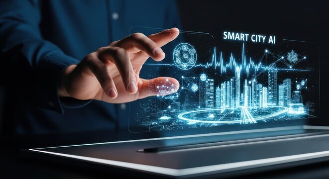 Businessman interacting with futuristic holographic display for smart city ai interface with data analytics, for urban planning, technological advancement, intelligent infrastructure